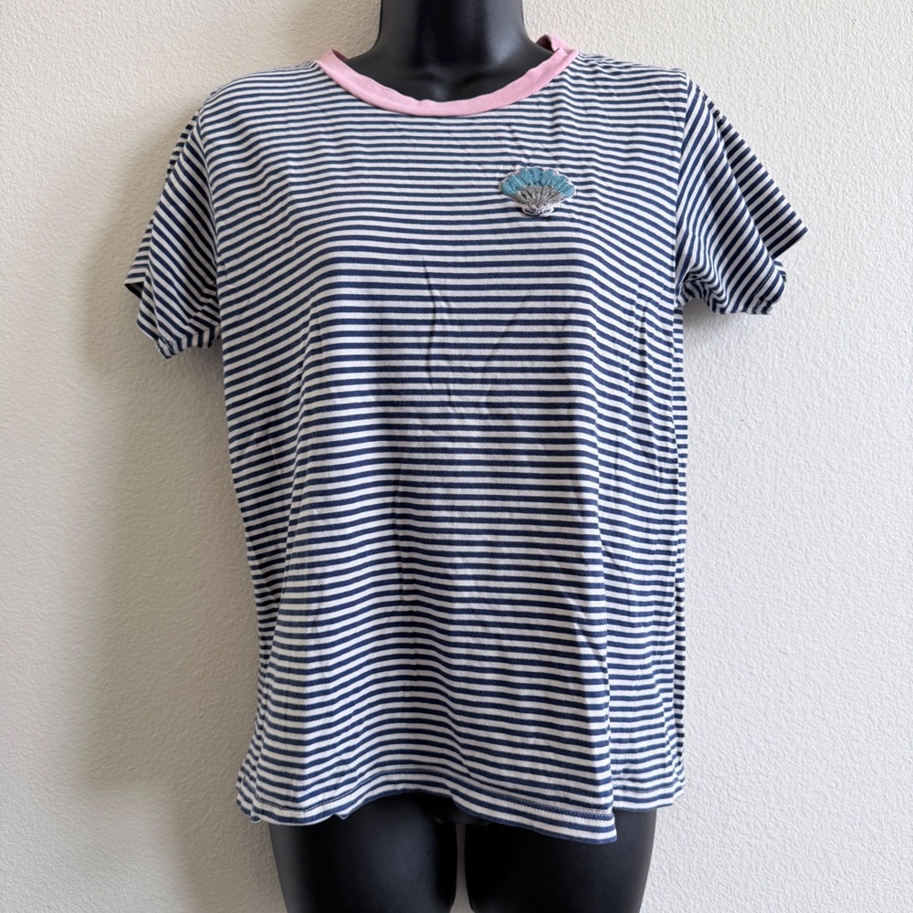 J.Crew Womens Small Navy White Striped Seashell Patch Pink Trim Cotton T-Shirt